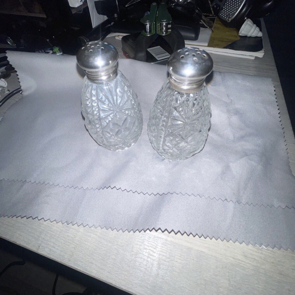 ANTIQUE CUT GLASS CRYSTAL And Sterling Top Salt And Pepper Shakers 3"